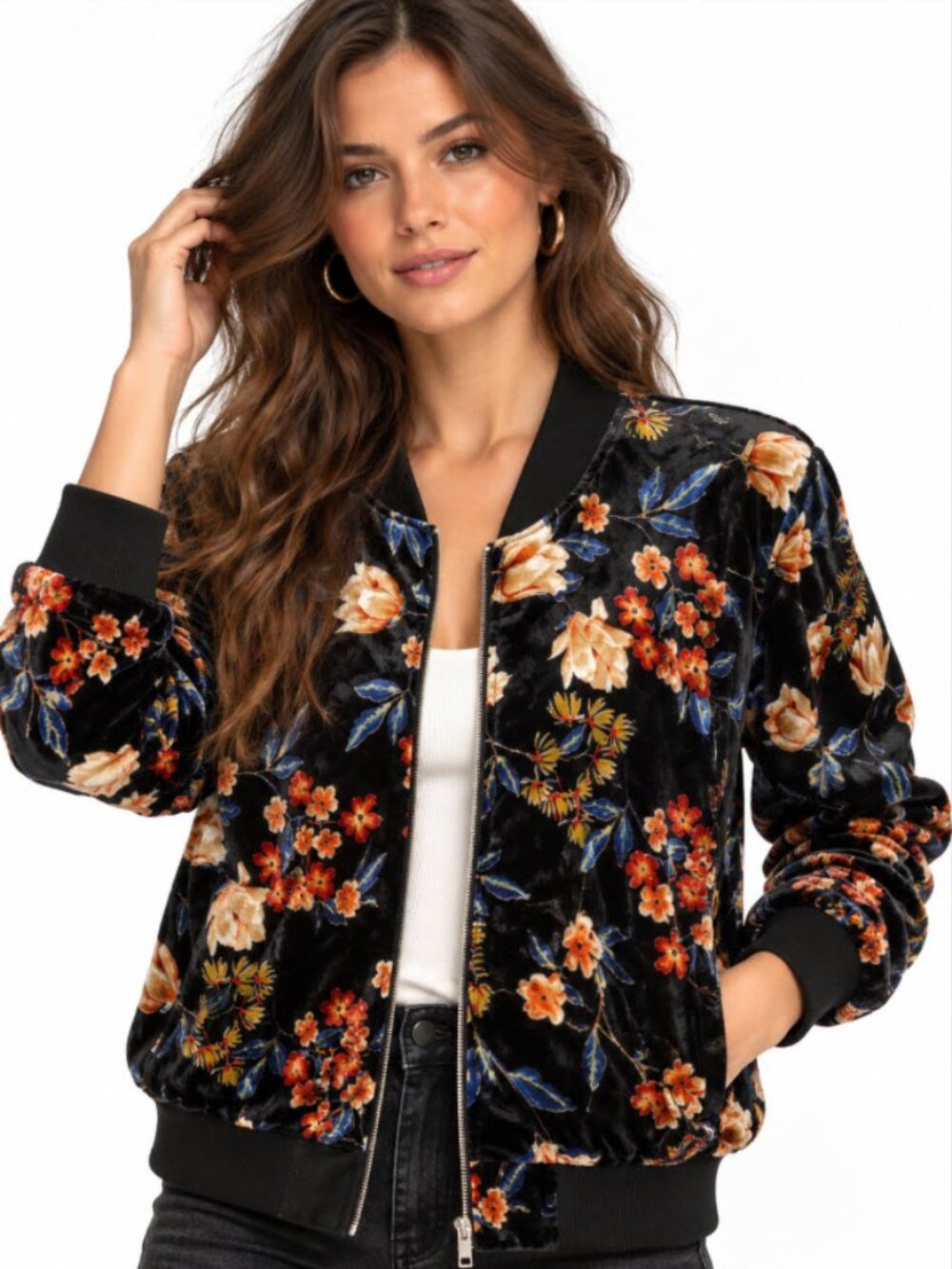 Faith and Joy Floral Velour Bomber Jacket Size Medium Chic & Cozy Black Floral